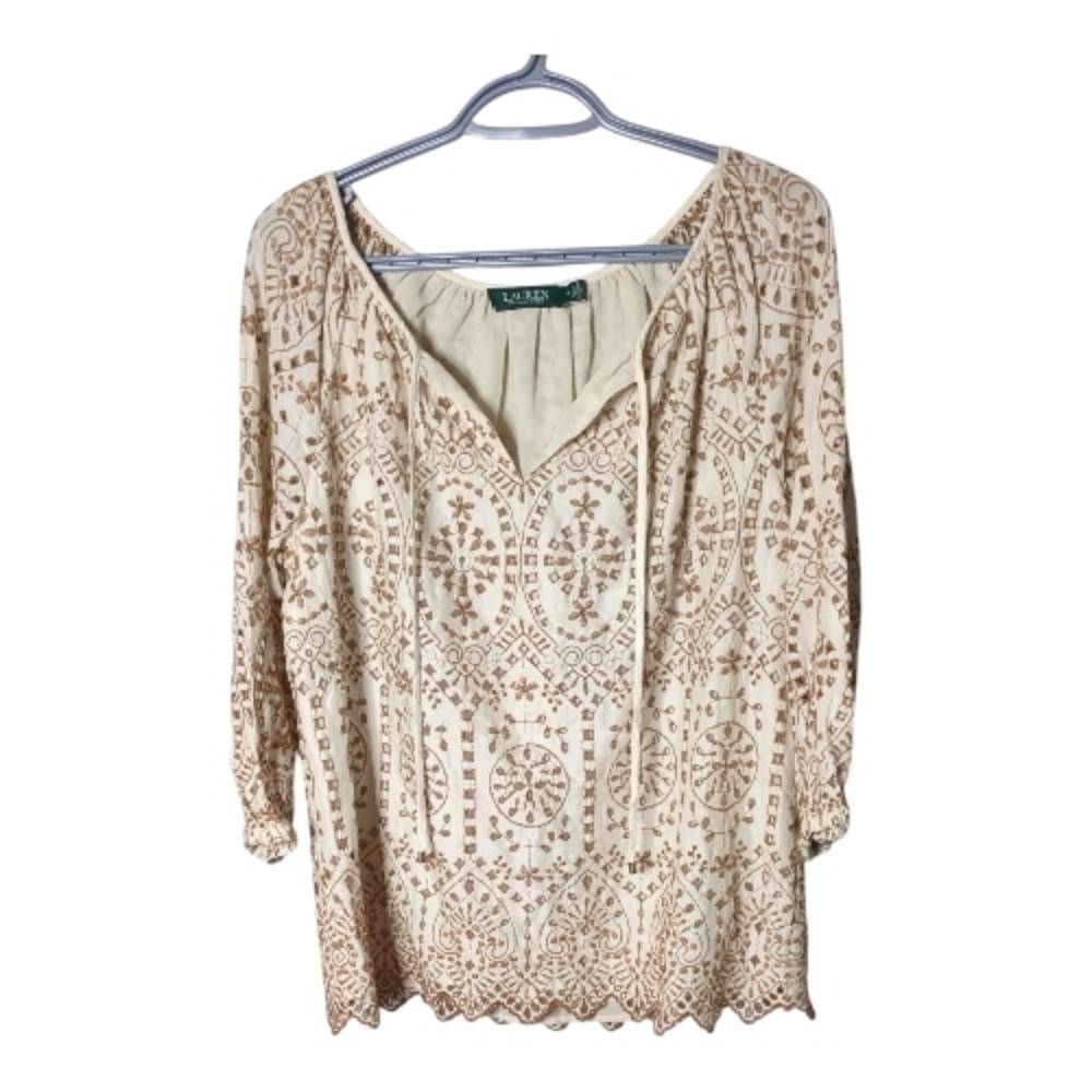 Lauren Ralph‎ Lauren Embroidered Eyelet Peasant Blouse Cream/Brown Size Medium